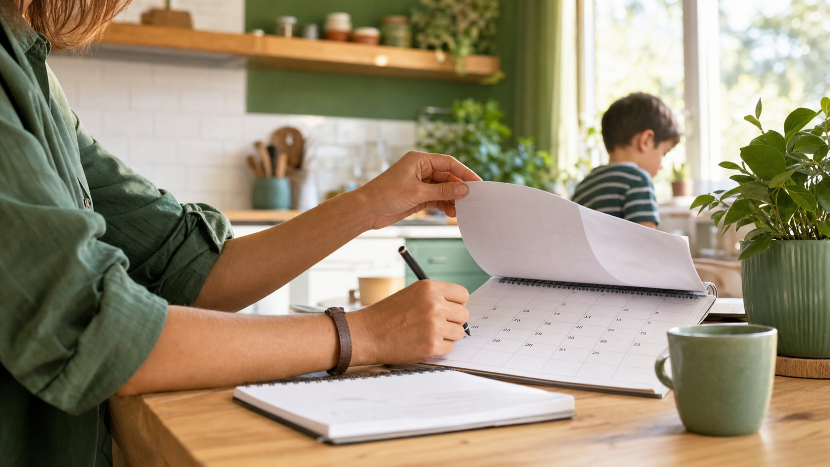 Genitore che sfoglia calendario cartaceo su tavolo di cucina luminoso, quaderno accanto, luce naturale calda