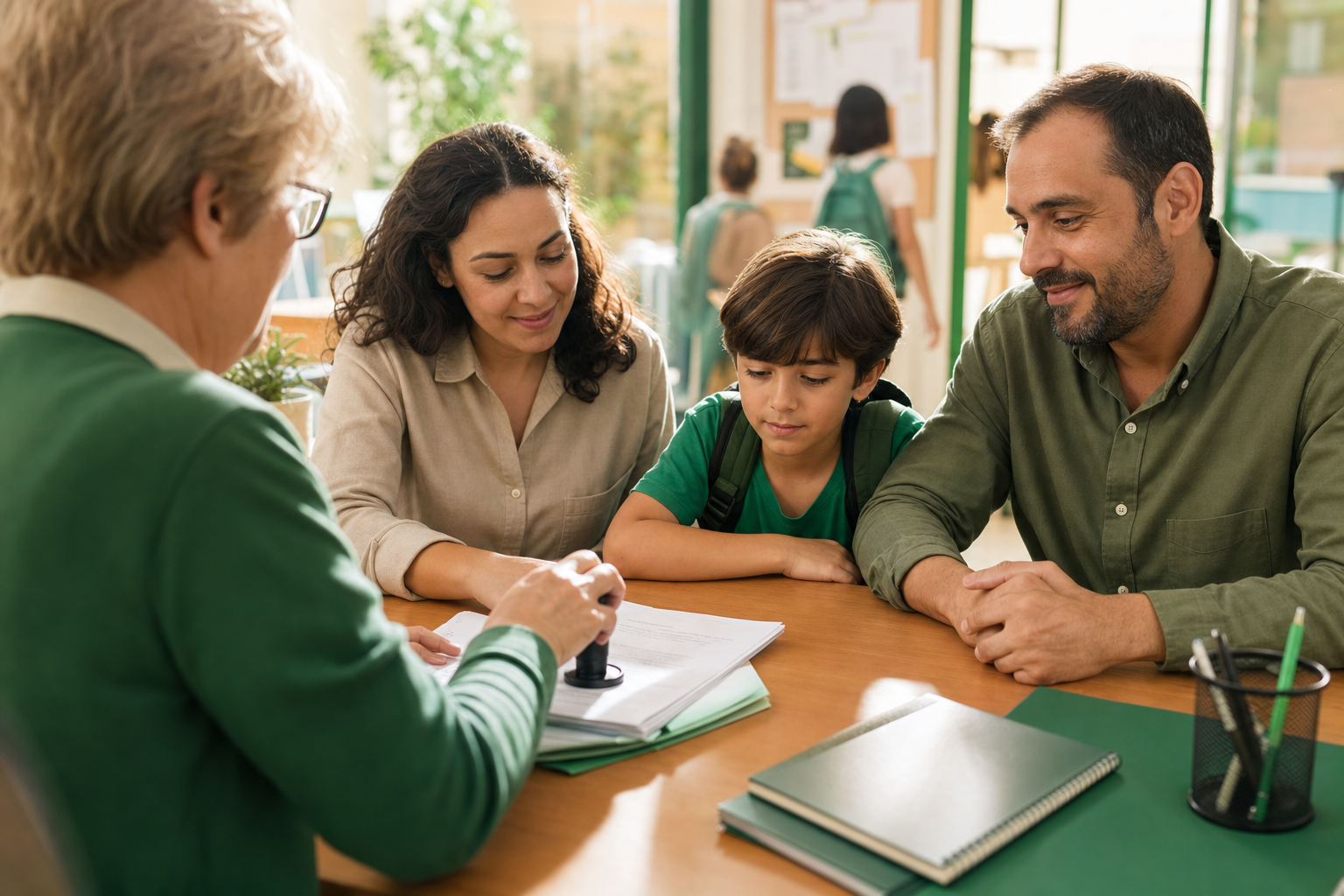 Famiglia con bambino allo sportello di segreteria scolastica mentre il genitore firma un modulo