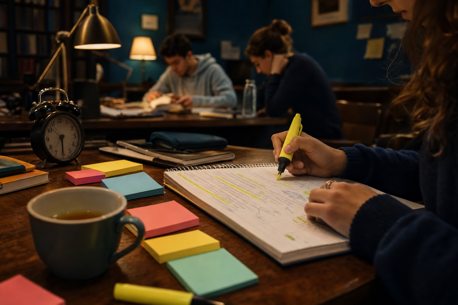 Mani di uno studente che ripassa appunti scritti con evidenziatore e post-it nella settimana della Maturita
