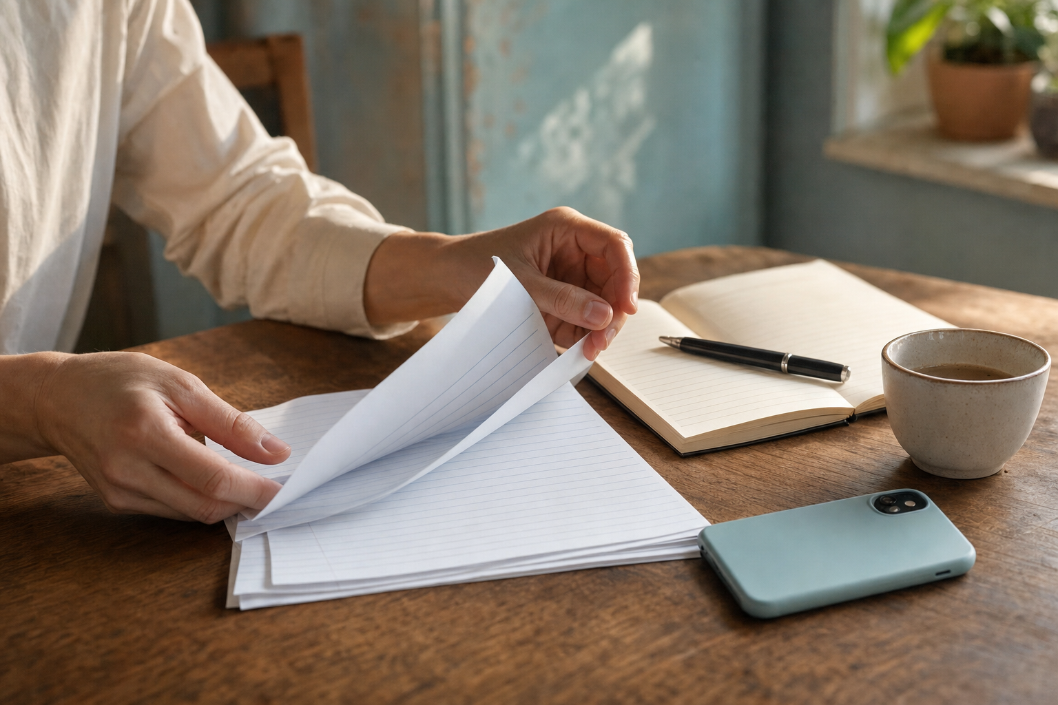 Mani che sfogliano una lista libri stampata su tavolo di legno accanto a smartphone, tazza di caffe e blocco appunti aperto