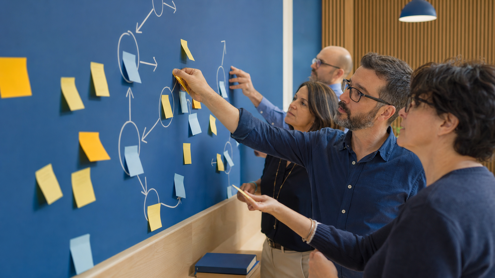 Docenti adulti che lavorano insieme su uno schema metodologico, con post-it colorati su parete blu in un contesto di formazione e coaching tra colleghi