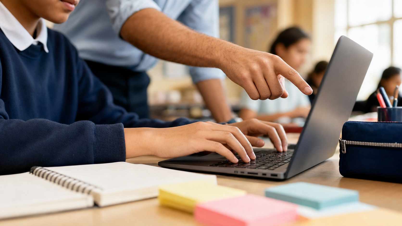 Studente di scuola secondaria di primo grado al lavoro su laptop con docente che indica lo schermo, in un'attivita di cooperative learning in inglese su progetto eTwinning