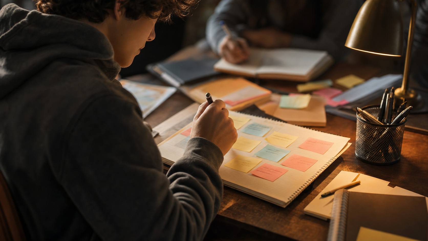 Studente lavora su un quaderno con post-it colorati per l'attività di autoconoscenza, scrivania in aula, luce naturale calda
