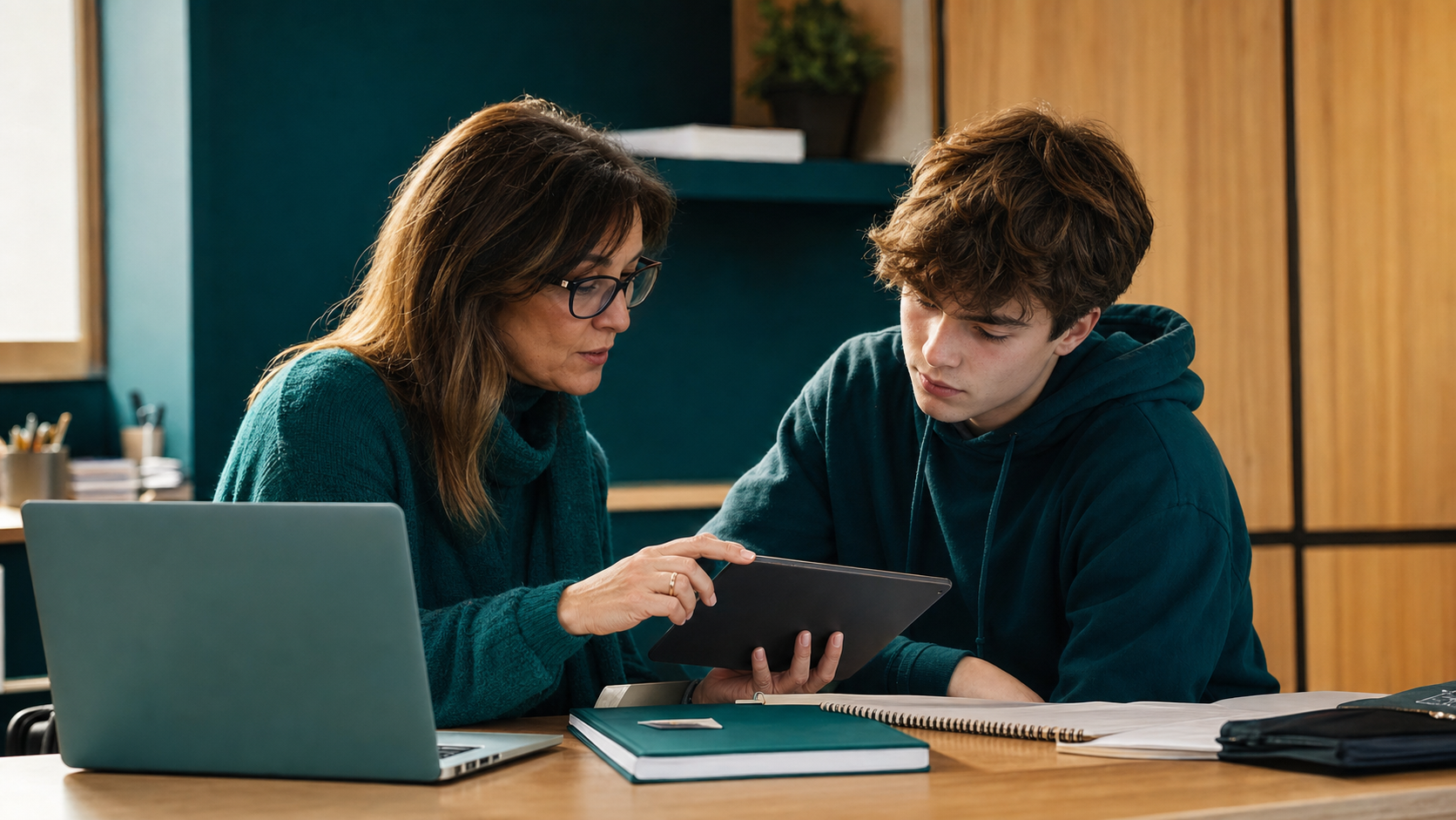 Docente e studente di istituto professionale rileggono insieme la documentazione delle competenze acquisite al registro elettronico