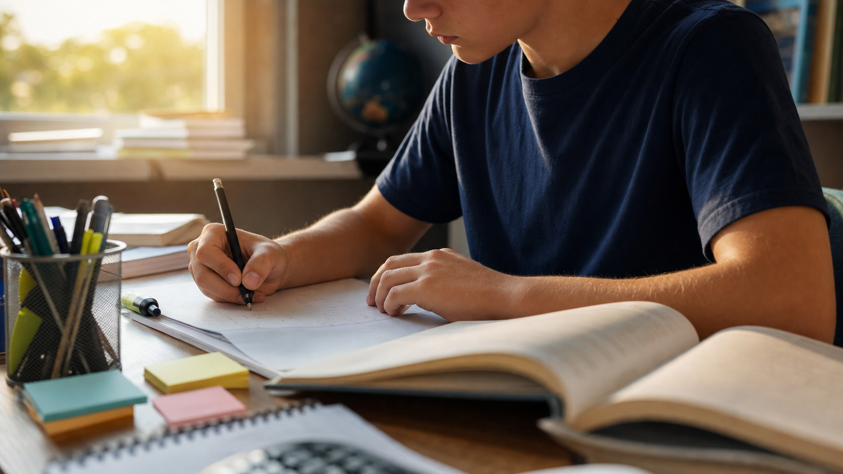 Quaderno scolastico aperto con penna e libro di testo: dettaglio di studio per il recupero del debito formativo