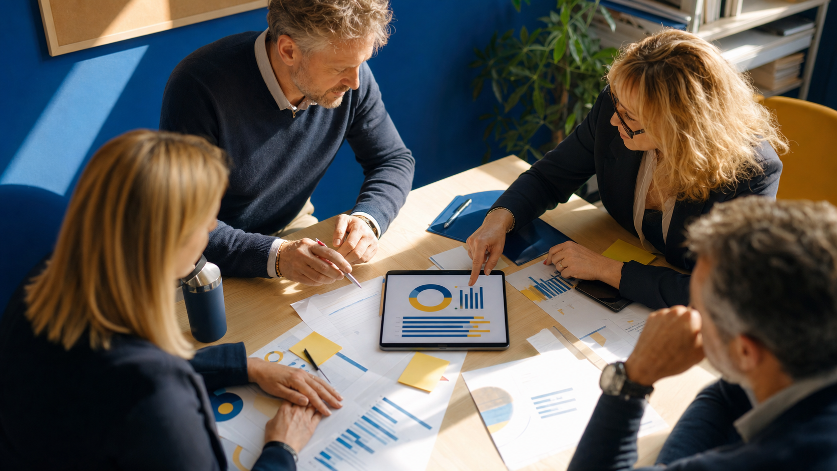 Vista dall'alto: mani indicano un tablet con grafici e schemi di indicatori di miglioramento su tavolo di lavoro con documenti cartacei, luce naturale calda