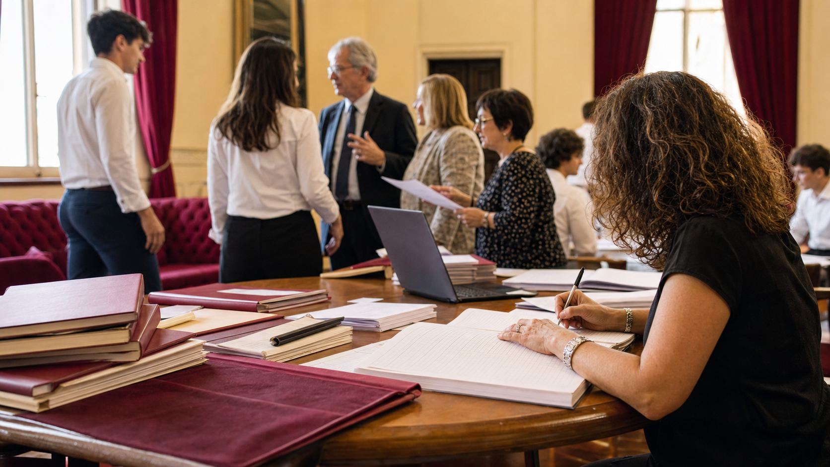Segretario della commissione d'esame Maturita 2026 che verbalizza presenze e orari mentre i commissari si confrontano sulle procedure di apertura del plico telematico