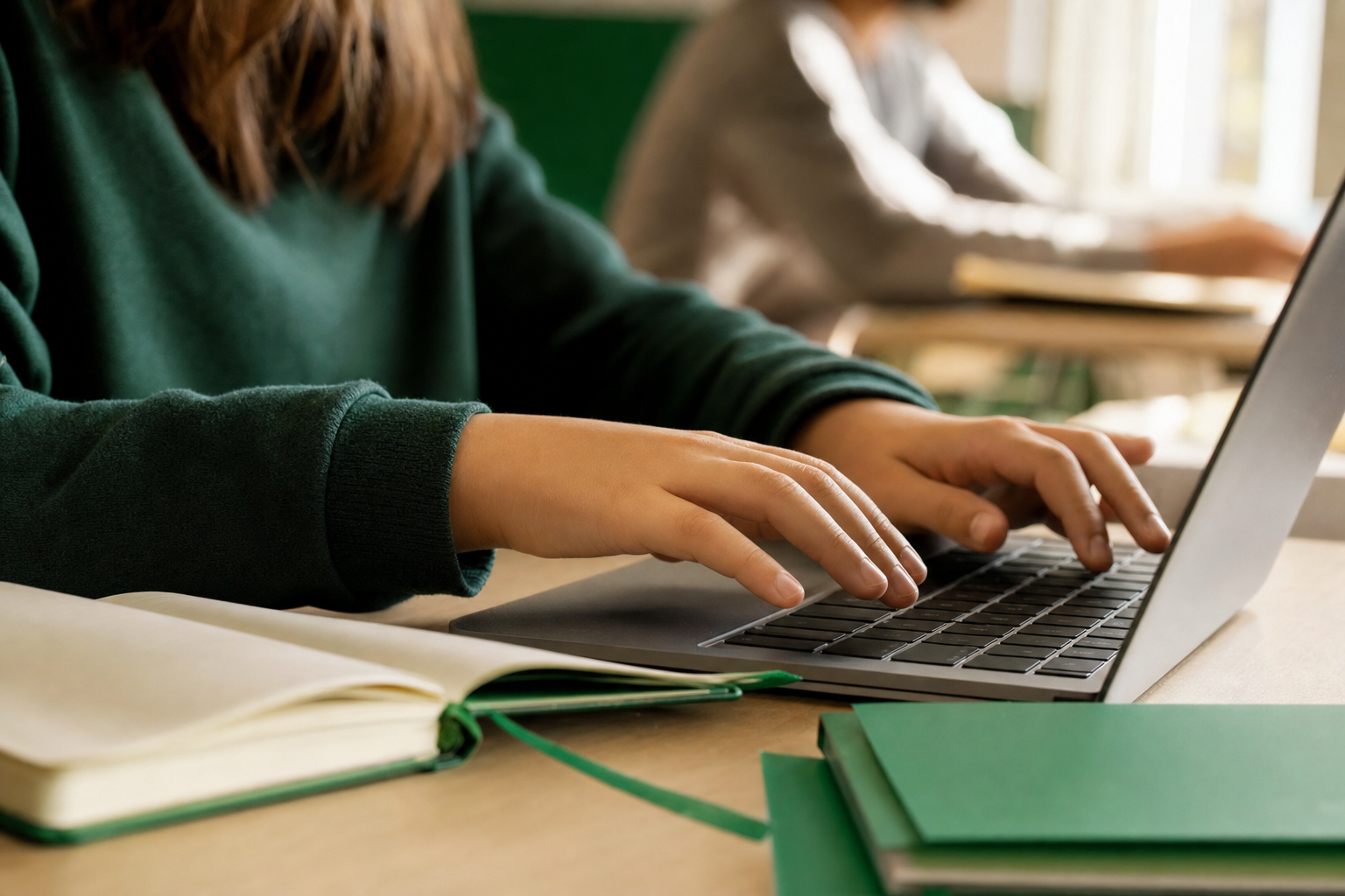 Mani di studente che digitano su laptop in aula scolastica, quaderno verde smeraldo accanto