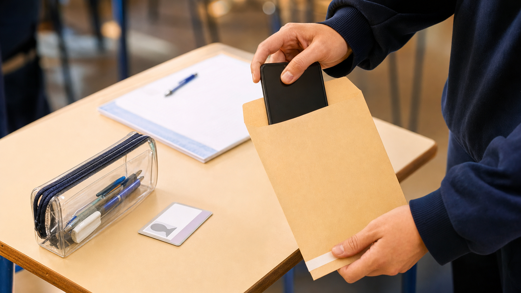 Maturando che ripone il cellulare nella busta prima dell'inizio della prima prova scritta dell'Esame di Stato 2026, con documento e penne sul banco
