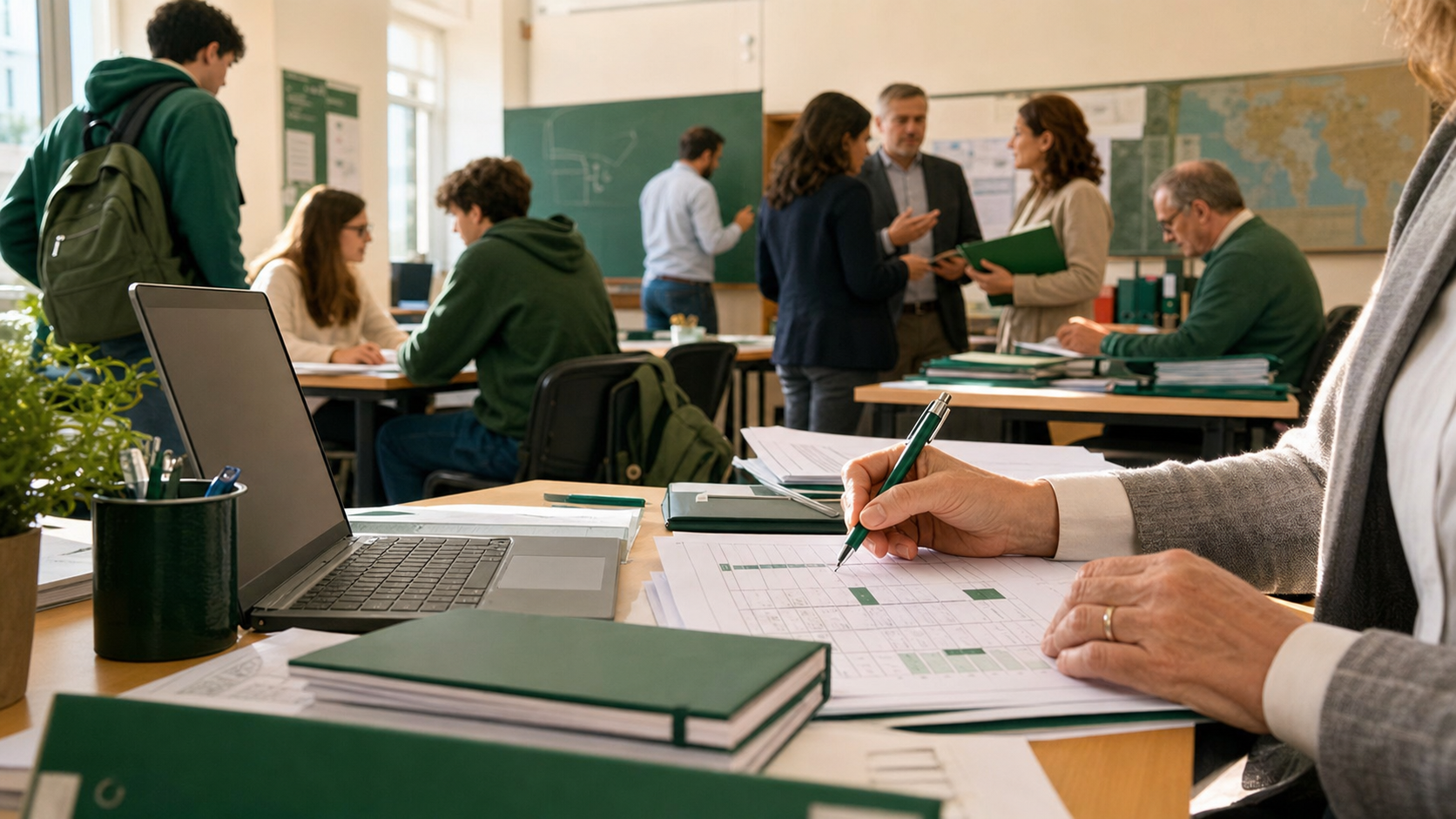 Dettaglio mani di dirigente scolastico che compila piano orario cartaceo su scrivania con laptop aperto e documenti ministeriali a lato, luce naturale ufficio