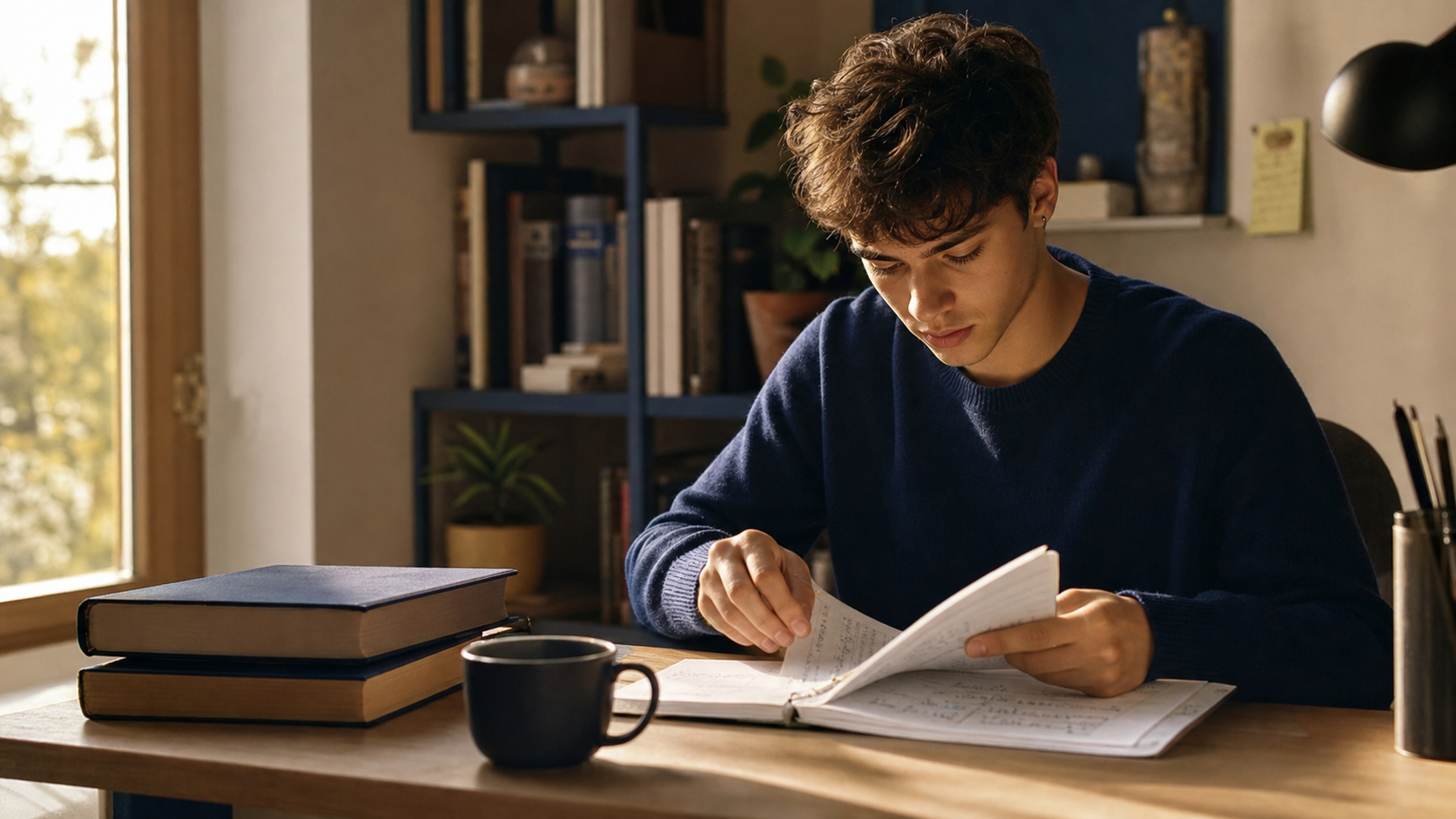 Studente maturando ripassa appunti per il colloquio orale nei giorni che separano la seconda prova dall'esame orale di Maturita 2026