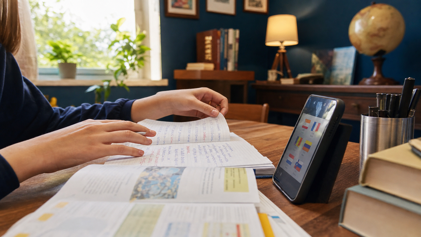 Dettaglio mani di studente che sfoglia un quaderno di lingue accanto a uno smartphone con app di traduzione, tavolo studio luminoso