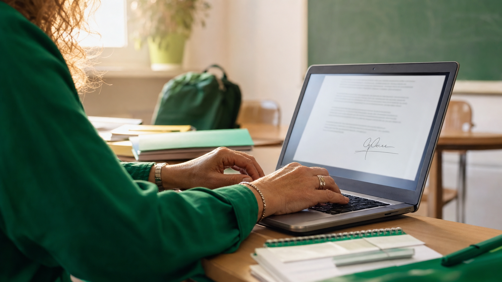 Dettaglio mani su tastiera laptop che firmano digitalmente un verbale di seduta collegiale, scrivania scuola con luce naturale