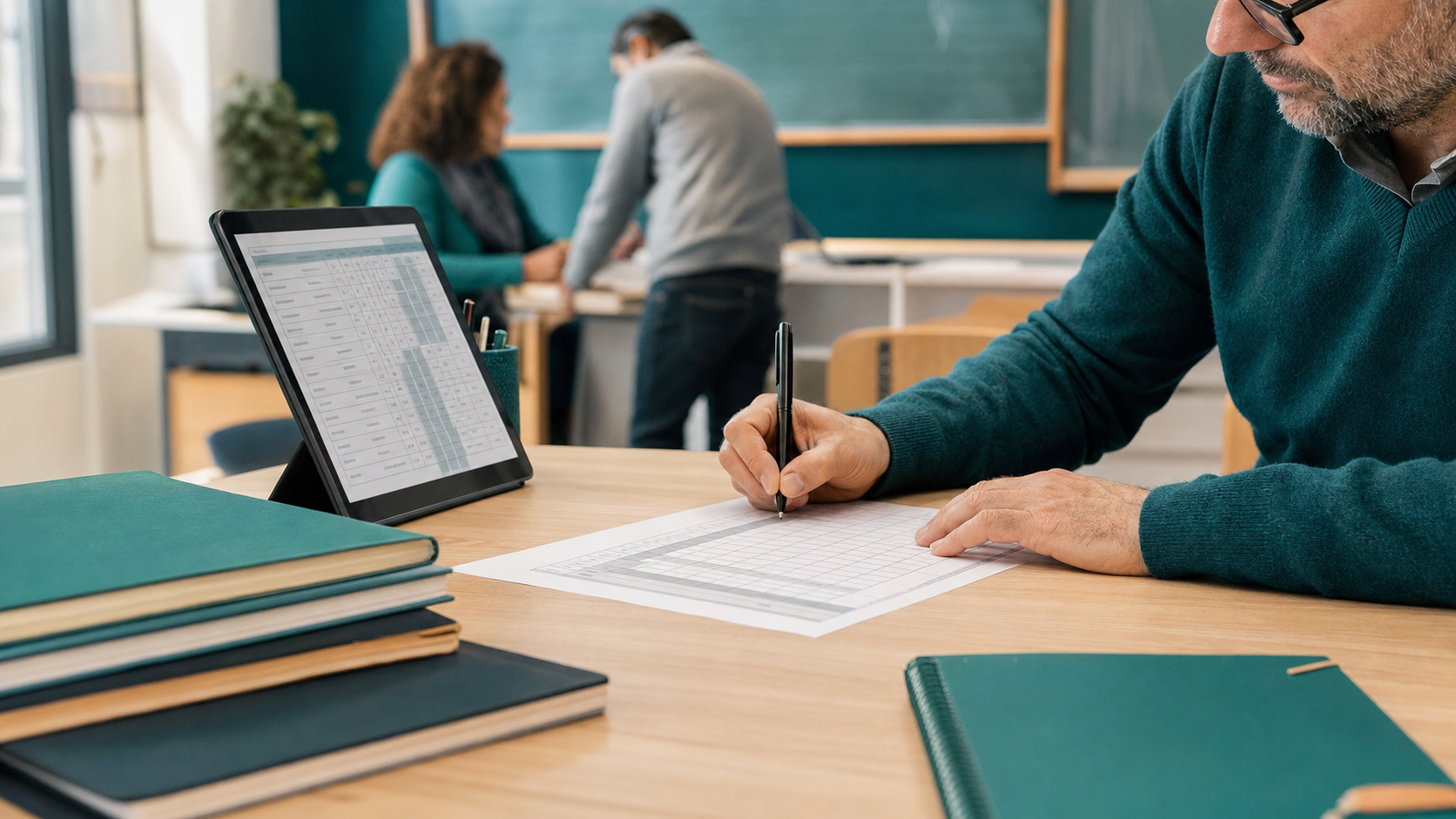Dettaglio mani di docente che compila il verbale di scrutinio cartaceo con colonna condotta, tablet con tabella valutazioni accanto