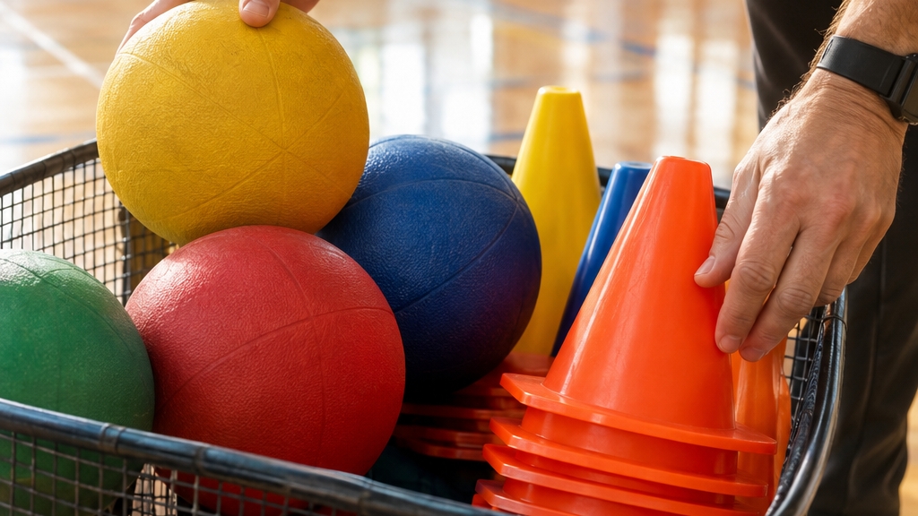 Mani che sistemano palloni e coni in una cesta in una palestra scolastica