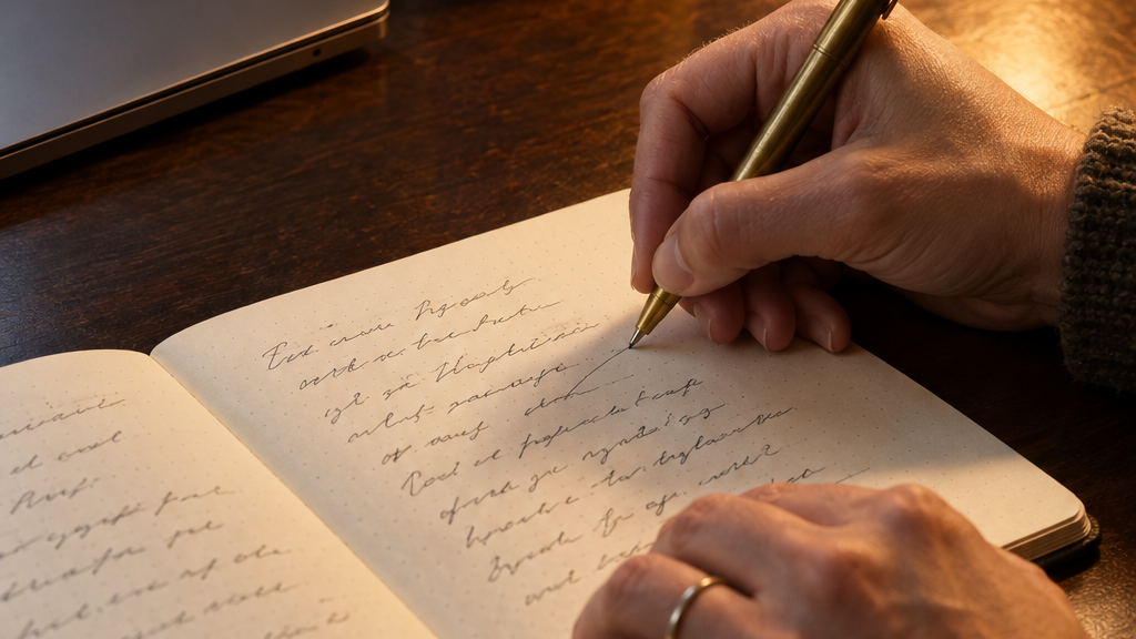 Mani che scrivono su un quaderno accanto a un laptop chiuso e a una tazza, alla luce di una lampada da scrivania