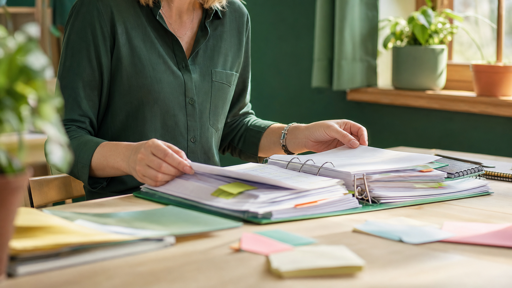 Dettaglio mani docente che sfoglia raccoglitore con schede di progettazione curricolo e post-it colorati sulla scrivania, luce naturale calda