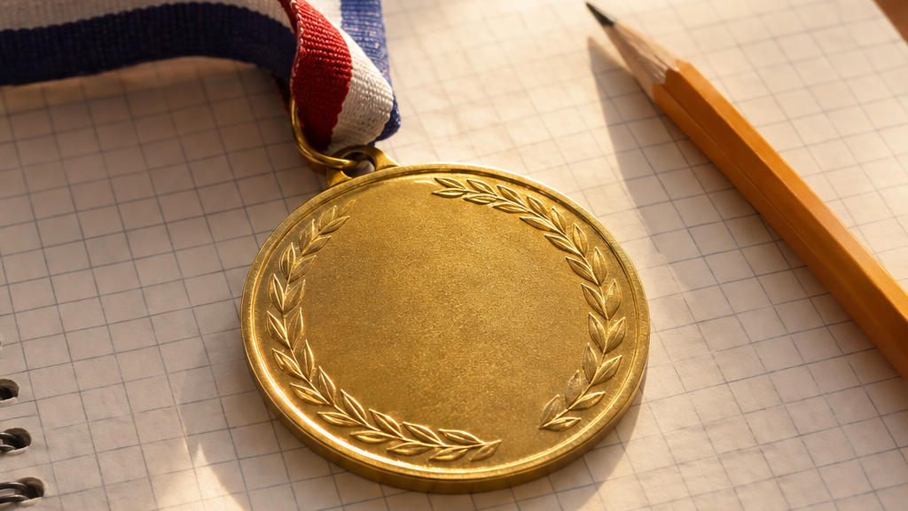 Medaglia senza scritte appoggiata su un quaderno a quadretti accanto a una matita