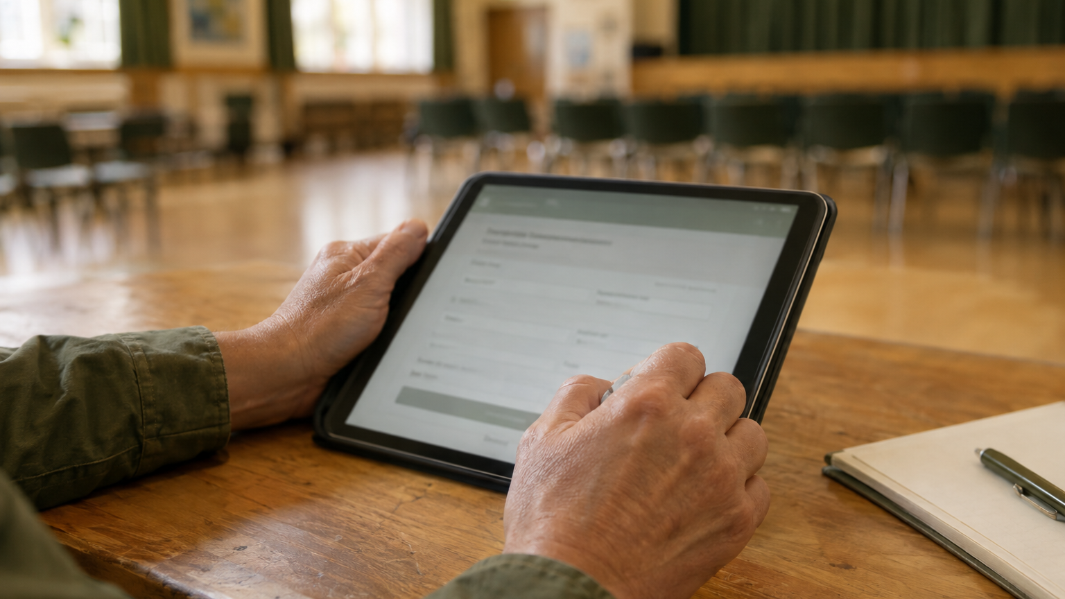 Mani che compilano un modulo di prenotazione su un tablet durante un open day scolastico