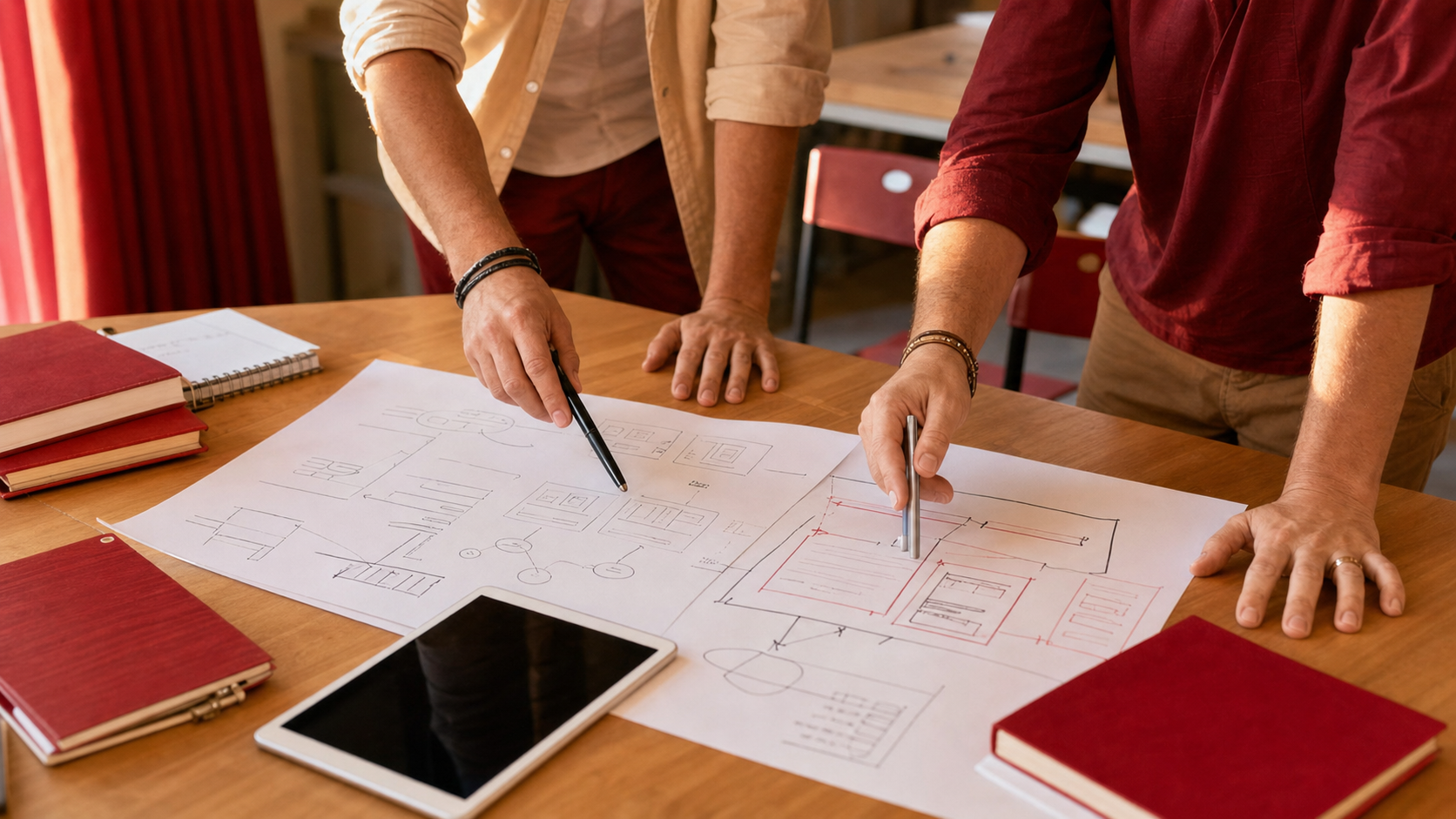 Dettaglio dall'alto di due docenti che indicano con la penna uno schema di unità di apprendimento disegnato su fogli, accanto a un tablet e a cartelline bordeaux, su un tavolo di laboratorio