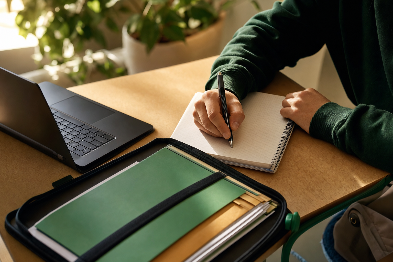 Mani di uno studente che scrive su un quaderno accanto a un laptop e a un portfolio di cartelline