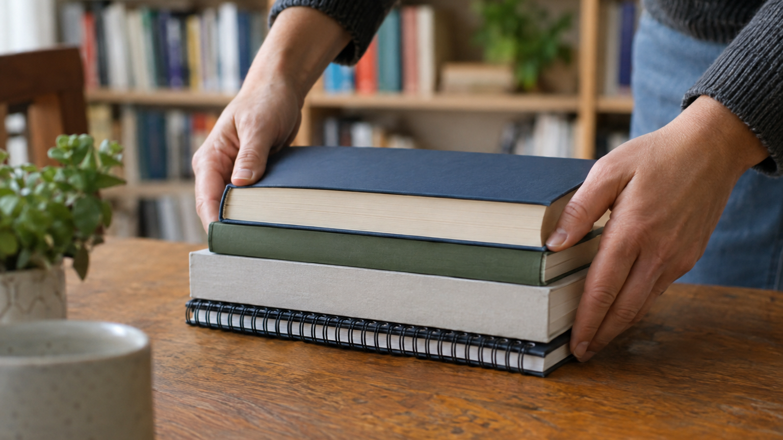 Mani di un adulto che sistemano una pila di libri e un quaderno su una scrivania di casa davanti a una libreria
