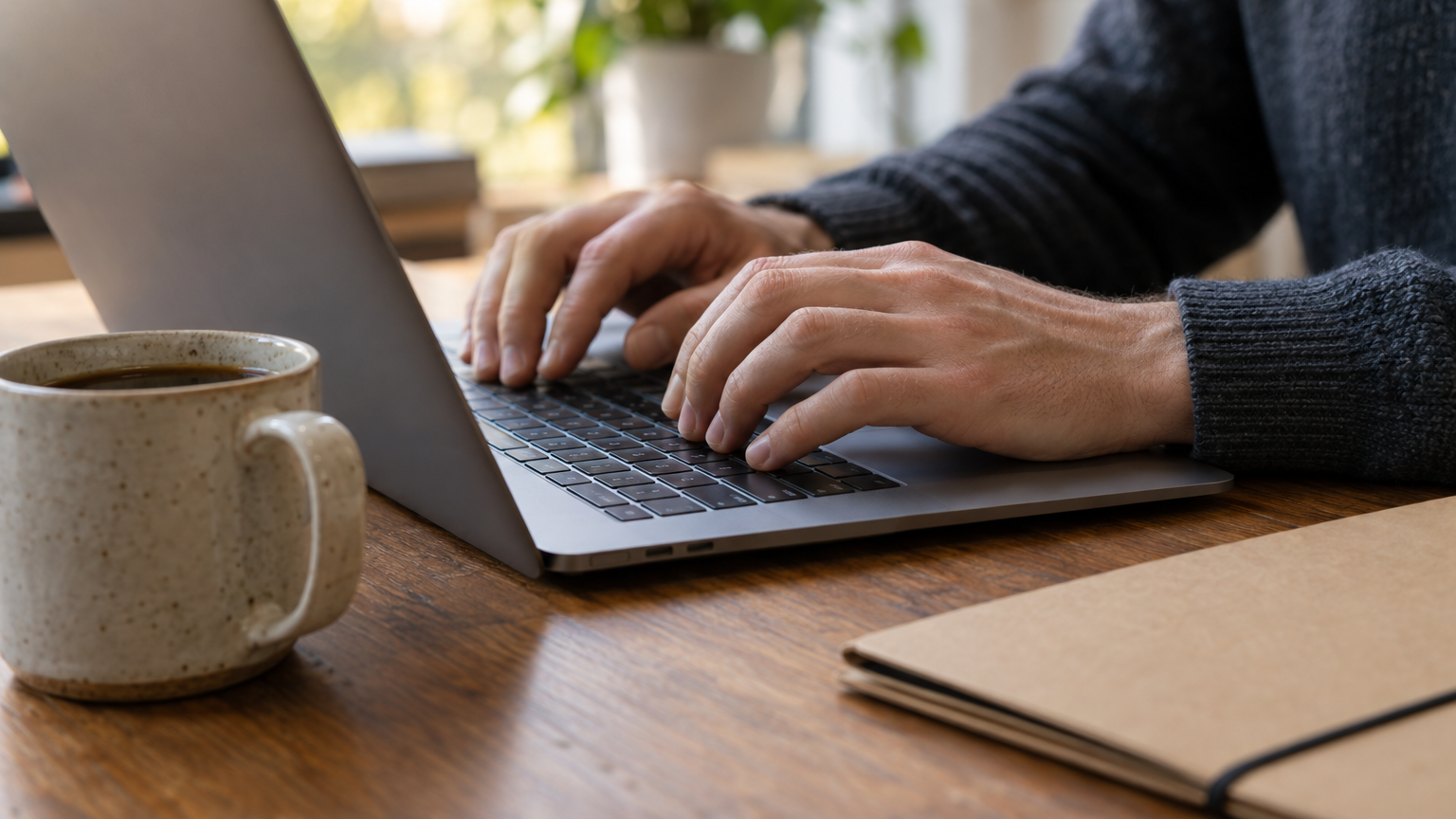 Mani su una tastiera di computer portatile accanto a una tazza e a un fascicolo