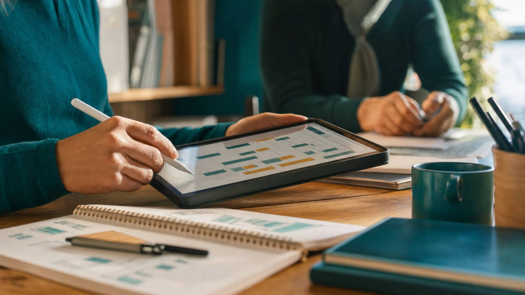 Dettaglio schermo tablet con schema PEI PDP e quaderno UDA su scrivania in classe, luce calda pomeridiana