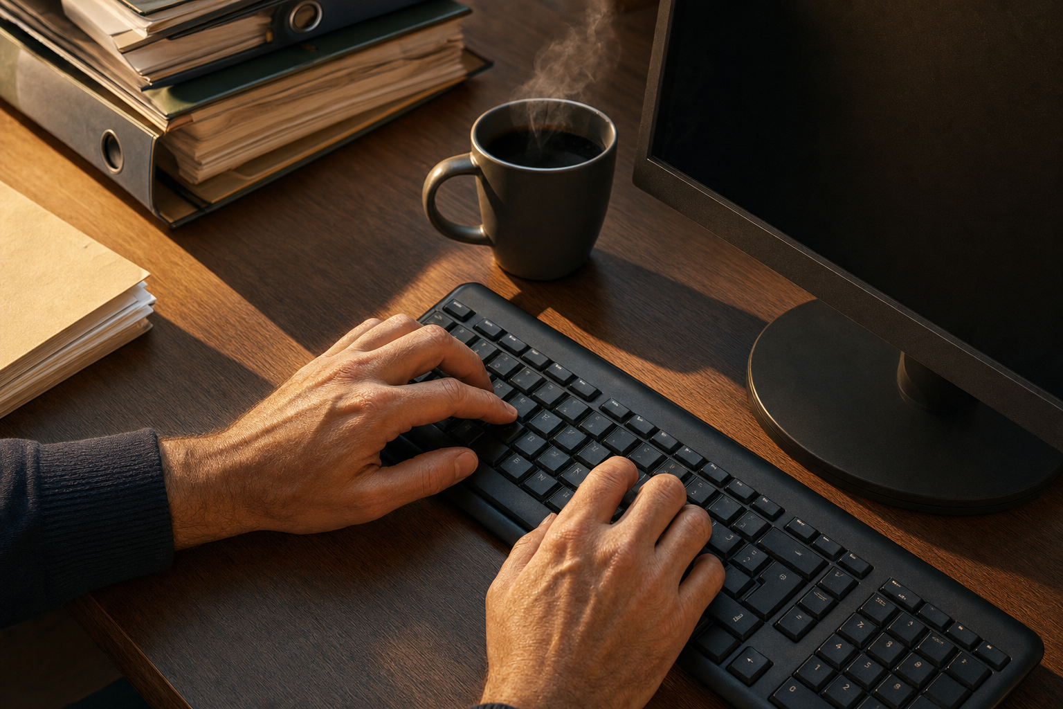 Dettaglio ravvicinato di mani adulte che digitano su tastiera nera accanto a monitor e faldoni in ufficio scuola, luce calda