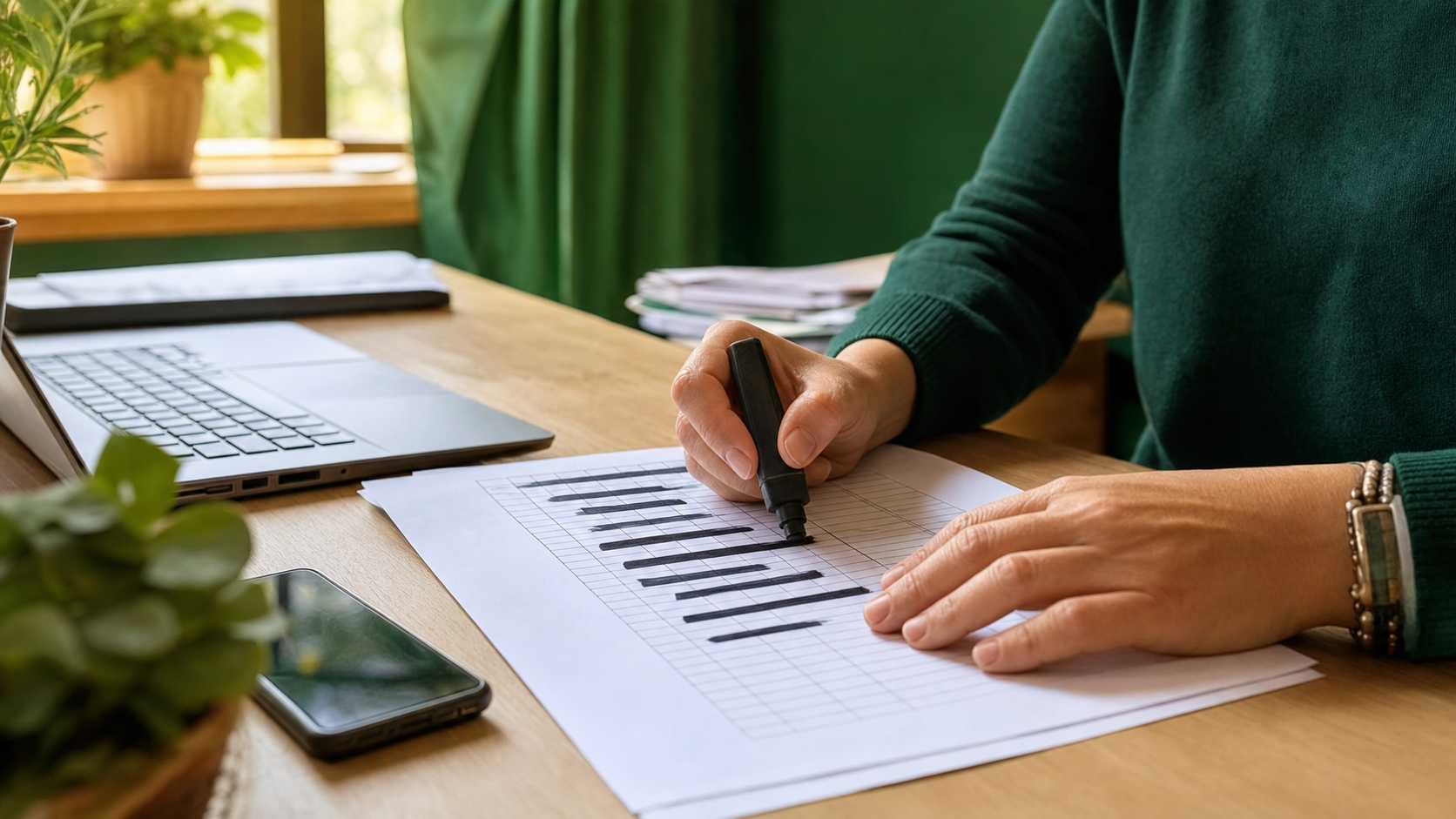 Primo piano di mani adulte che oscurano con un evidenziatore nero un elenco cartaceo generico accanto a un laptop aperto e a uno smartphone spento su scrivania in legno di ufficio scuola