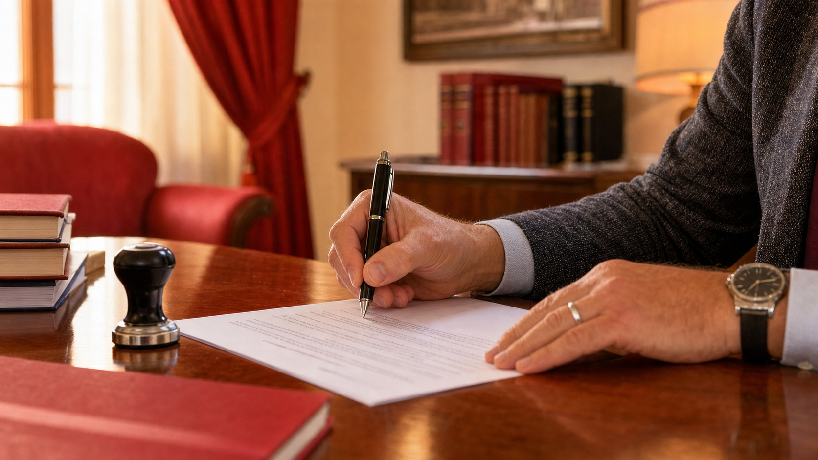 Primo piano di mani adulte che firmano con una penna nera un documento cartaceo dal titolo generico accanto a un timbro tondo istituzionale su scrivania in legno di un ufficio scolastico