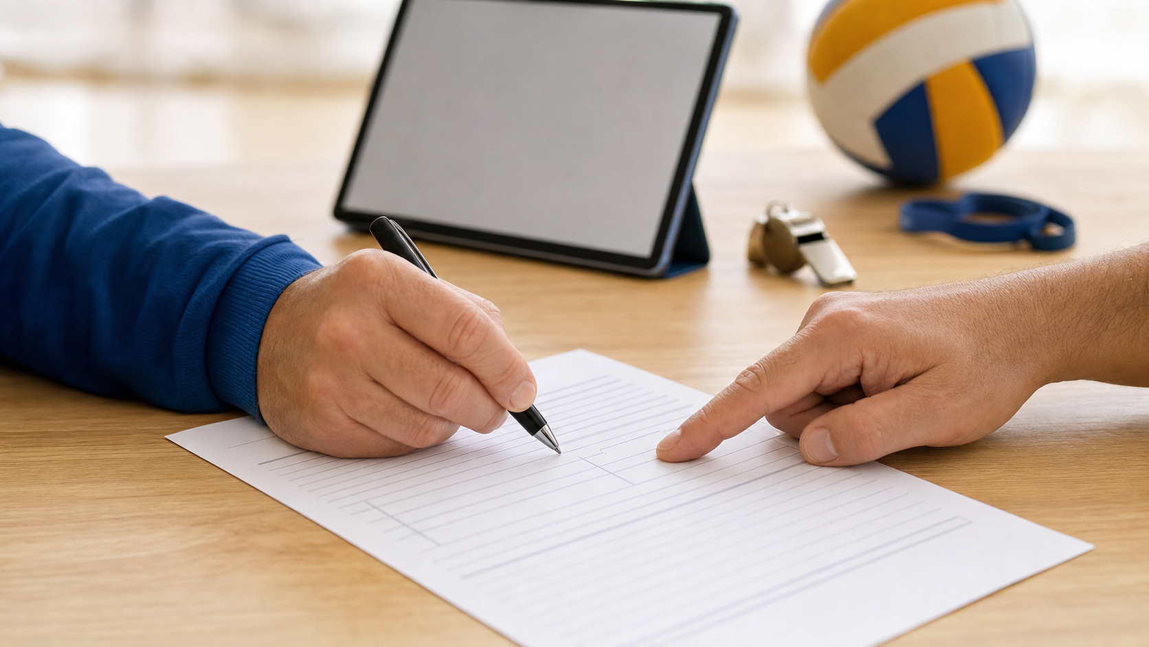 Primo piano di due paia di mani adulte che compilano un modulo di adesione su una scrivania in legno, con tablet, fischietto e pallone da pallavolo sullo sfondo