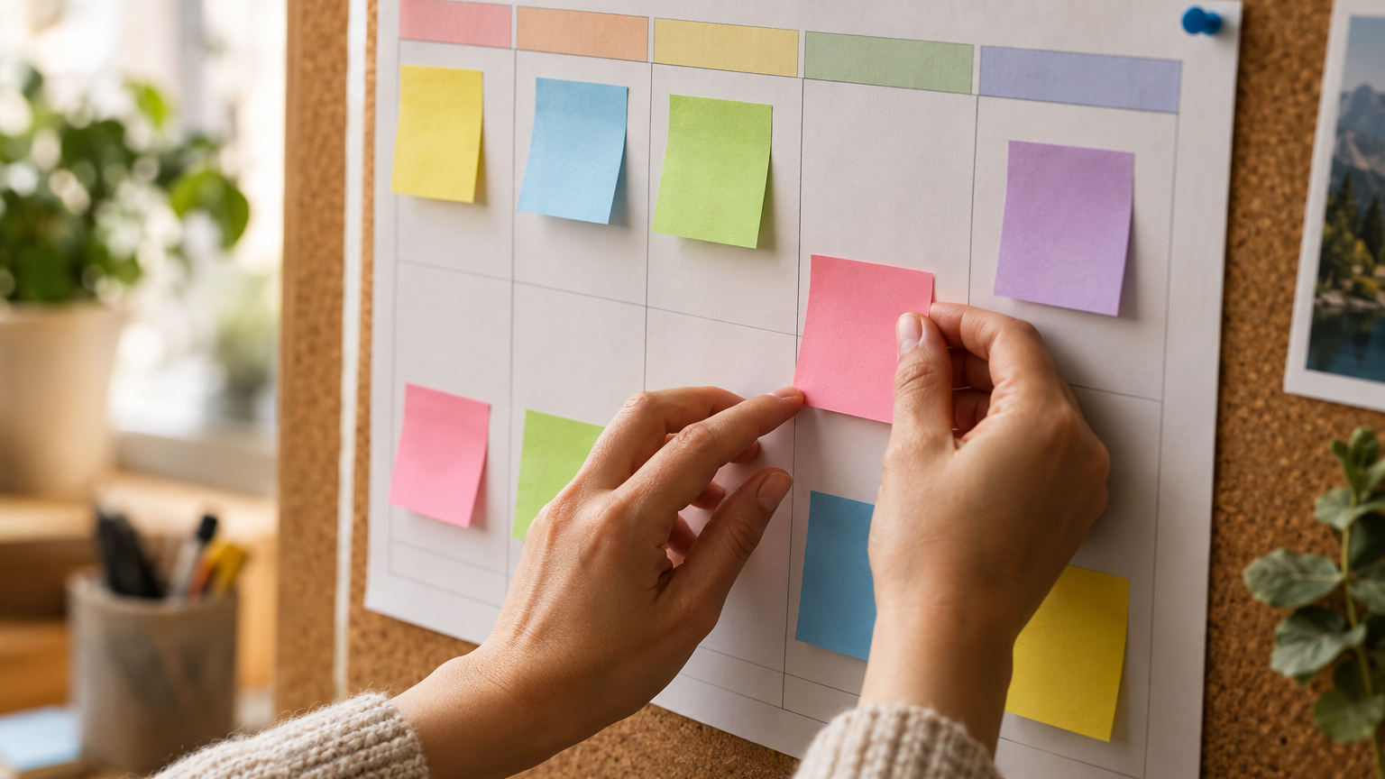Mani che sistemano post-it colorati su un calendario settimanale appeso a una bacheca