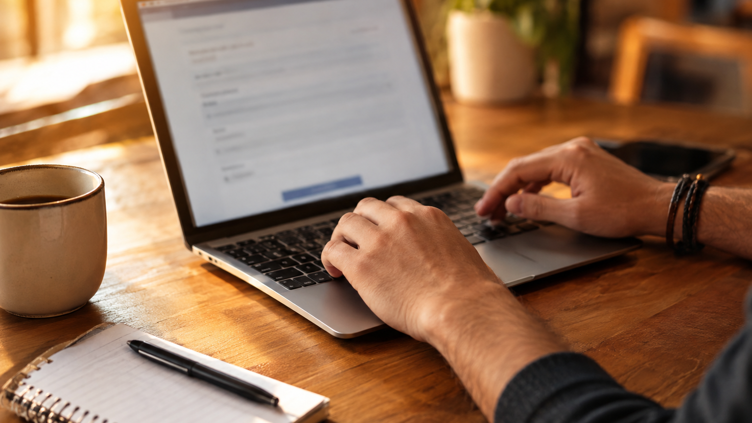 Mani di un giovane adulto che compila una domanda online su un portatile
