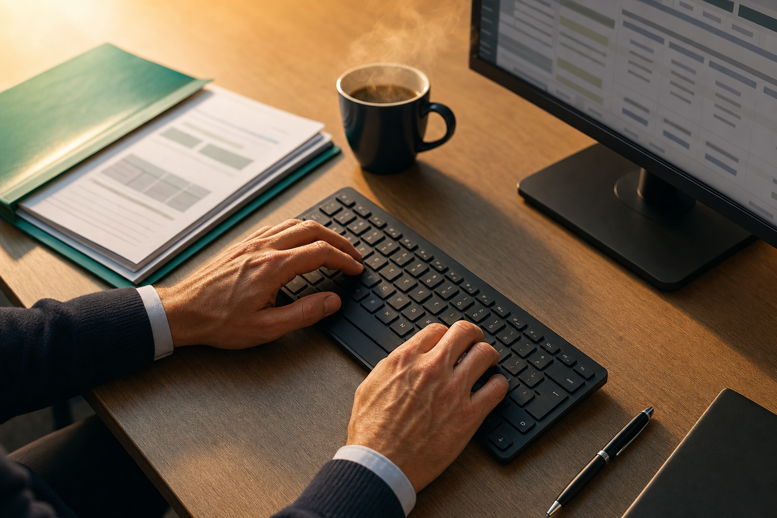 Primo piano di mani adulte che digitano su tastiera di computer da scrivania, accanto una cartellina verde con documenti generici e una tazza di caffe fumante