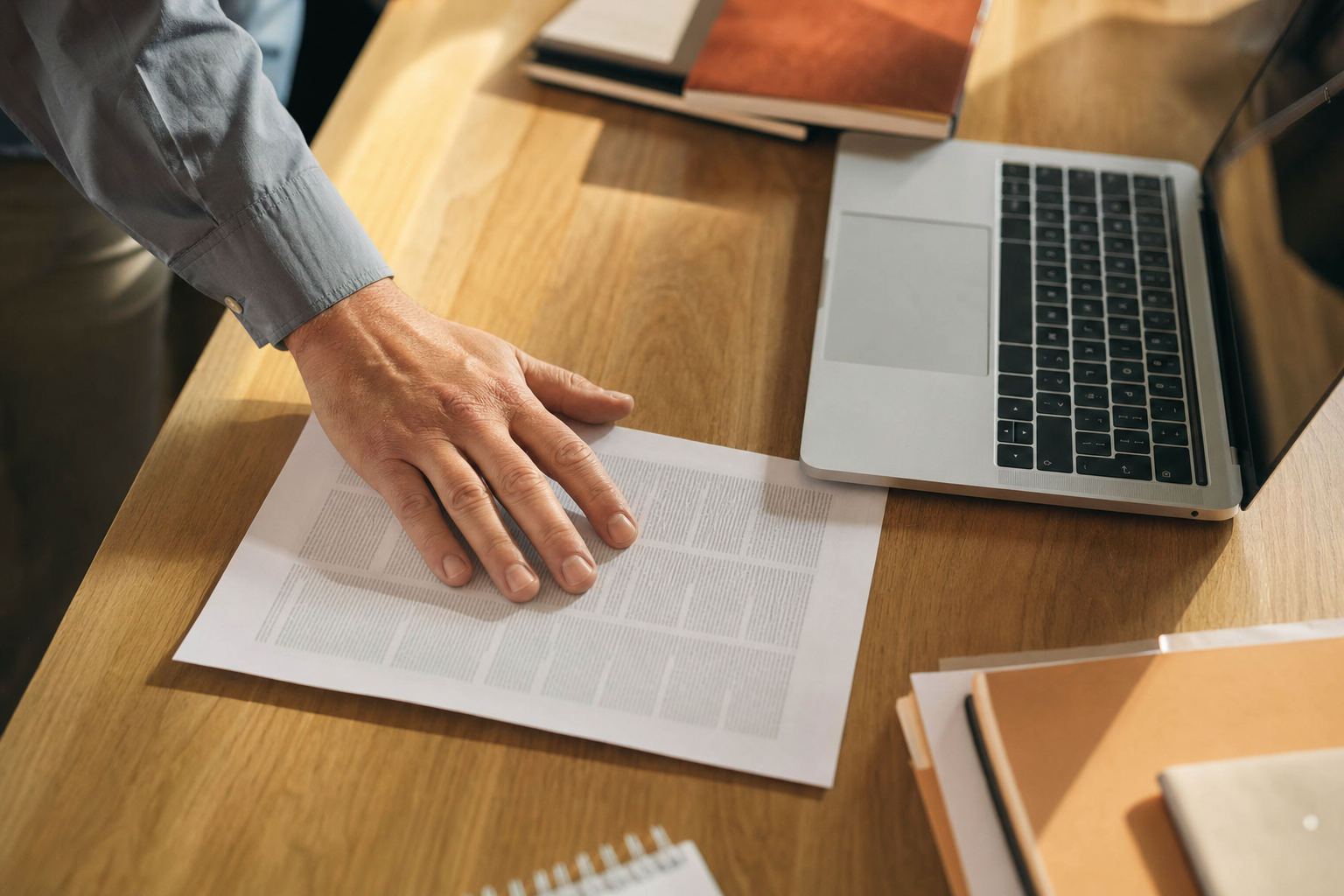 Mano adulta che appoggia foglio di regolamento su scrivania in legno accanto a laptop