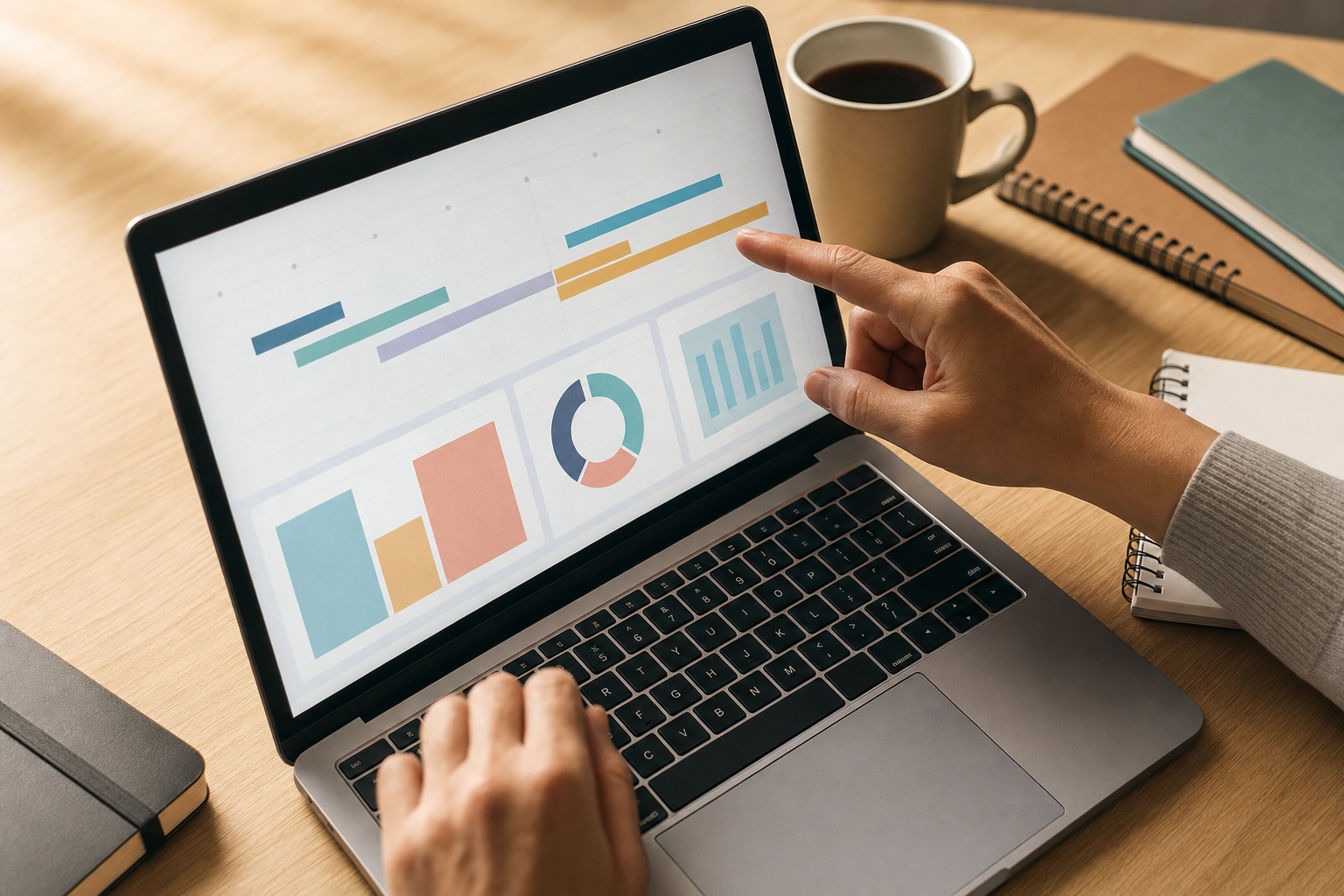 Dashboard didattica con grafici e barre che rappresentano fasi di un progetto scolastico