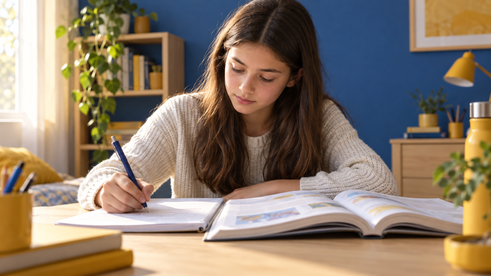 Una studentessa di terza media ripassa a casa con quaderno e libro aperti