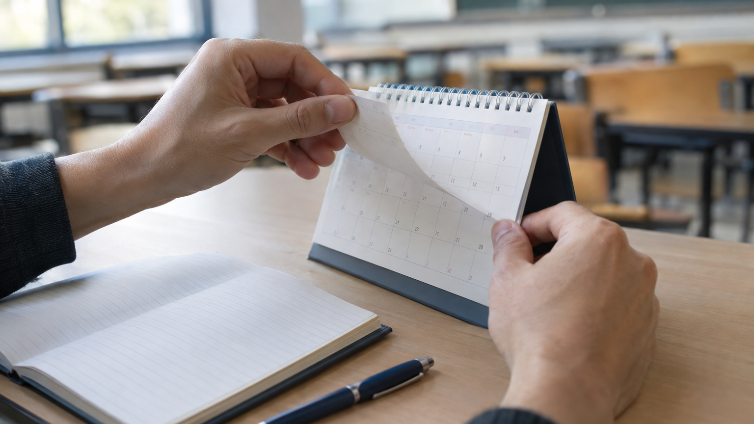 Mani di un adulto che sfogliano un calendario da tavolo accanto a un quaderno aperto in un'aula scolastica