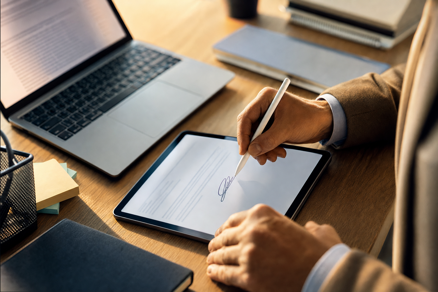Mano adulta che firma digitalmente un documento su tablet accanto a un laptop