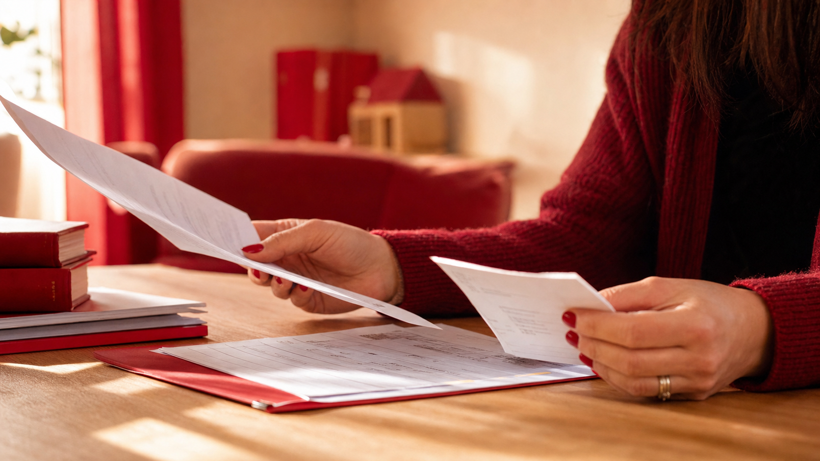 Mani di una madre con maglione bordeaux tengono un documento ISEE cartaceo e una ricevuta di retta asilo nido, su tavolo di legno chiaro con luce laterale morbida