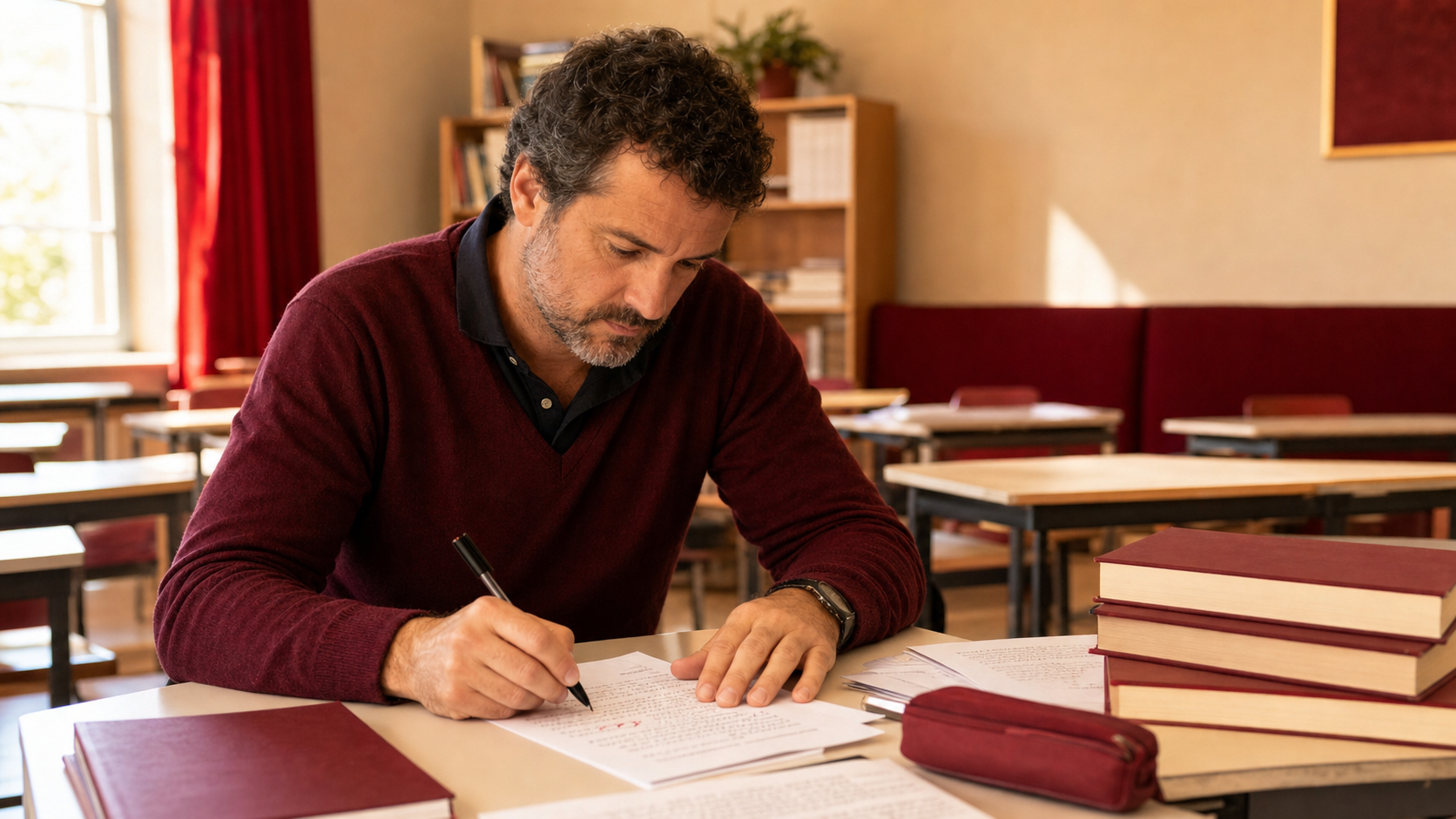 Docente della scuola secondaria di II grado corregge una prova scritta al banco in un'aula estiva, penna in mano, luce laterale morbida