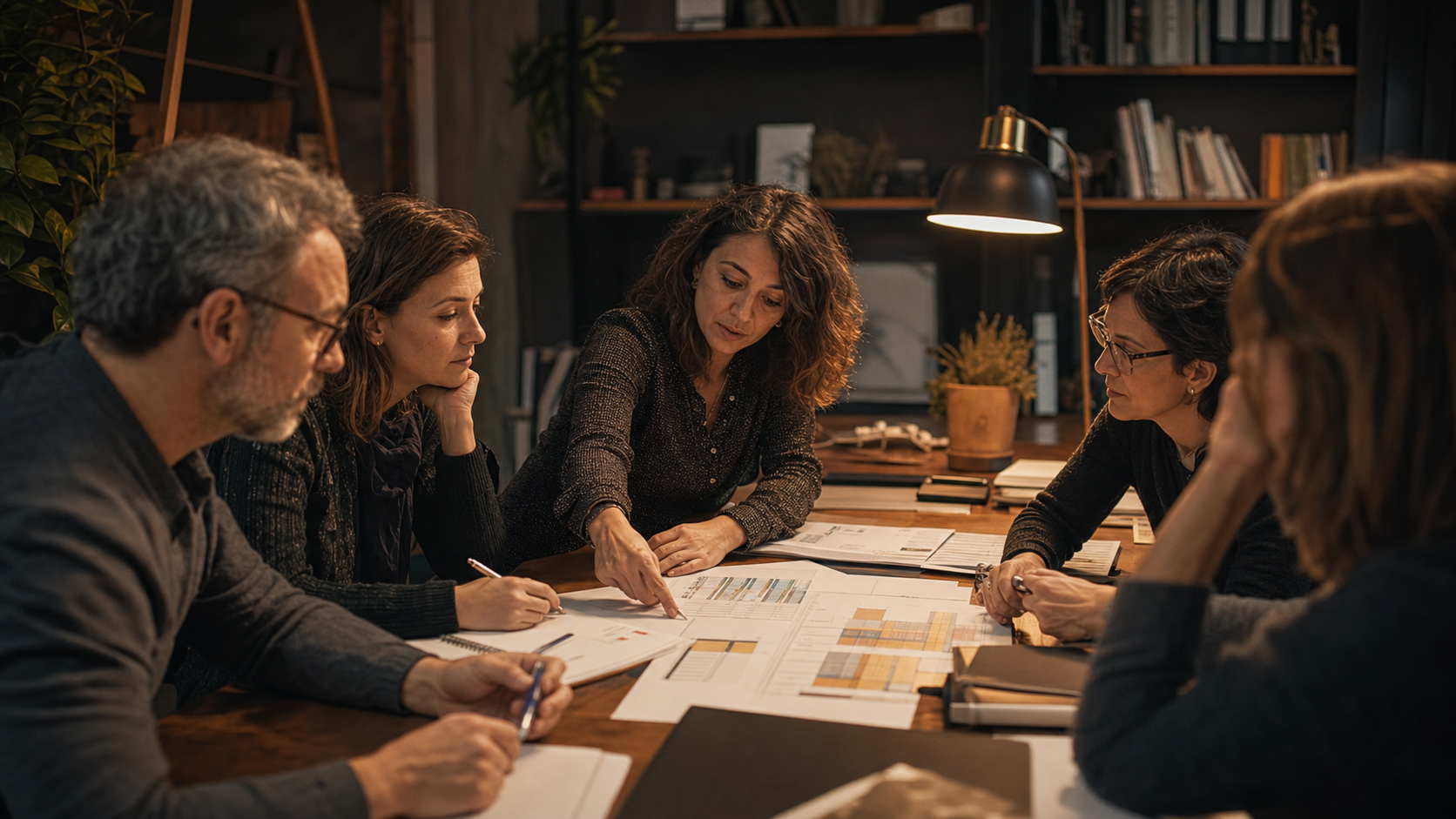 Cinque docenti seduti attorno a un tavolo di legno con quadri orari cartacei e appunti, discutono la nuova programmazione didattica dell'istituto tecnico, luce calda ambrata di lampada da scrivania